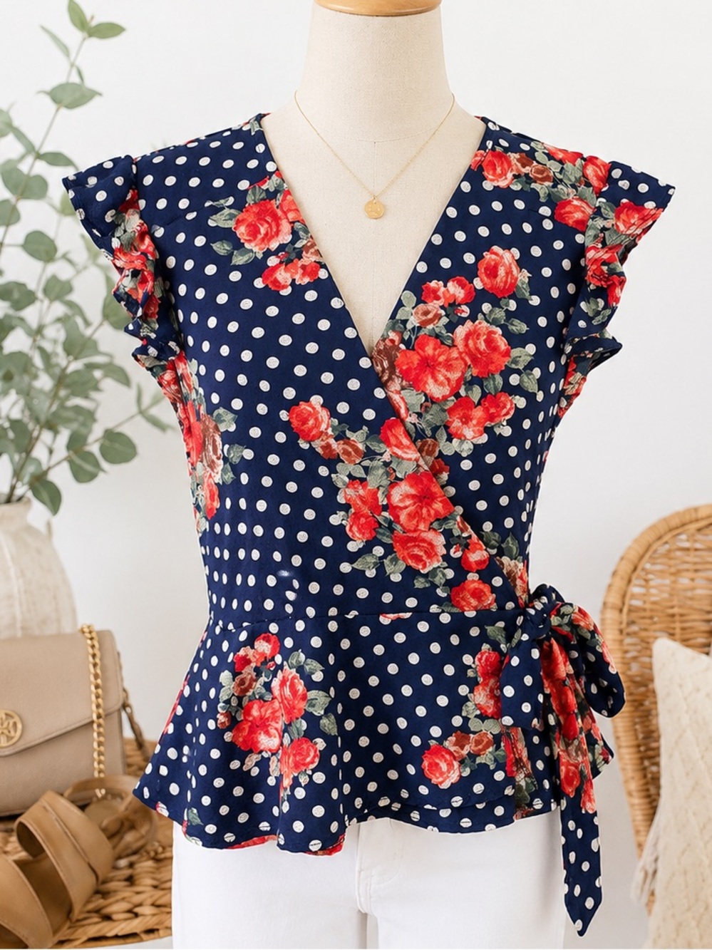 Tiffany & Grey Petite Floral Polka Dot Wrap Peplum Blouse | Size Medium Petite